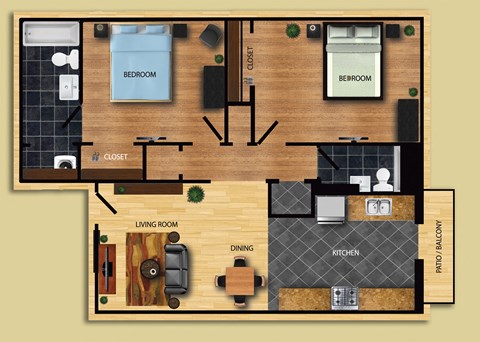 2 bedroom 2 bathroom Floor Plan design at San Simeon Apartments in Tucson AZ